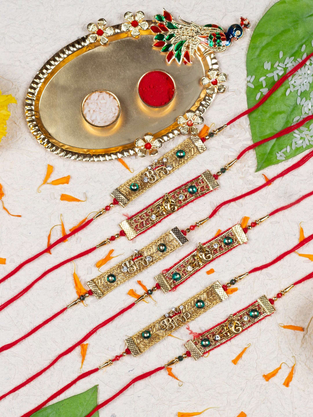 

AccessHer Set Of 6 Stone Studded & Beaded Thread Rakhis, Gold
