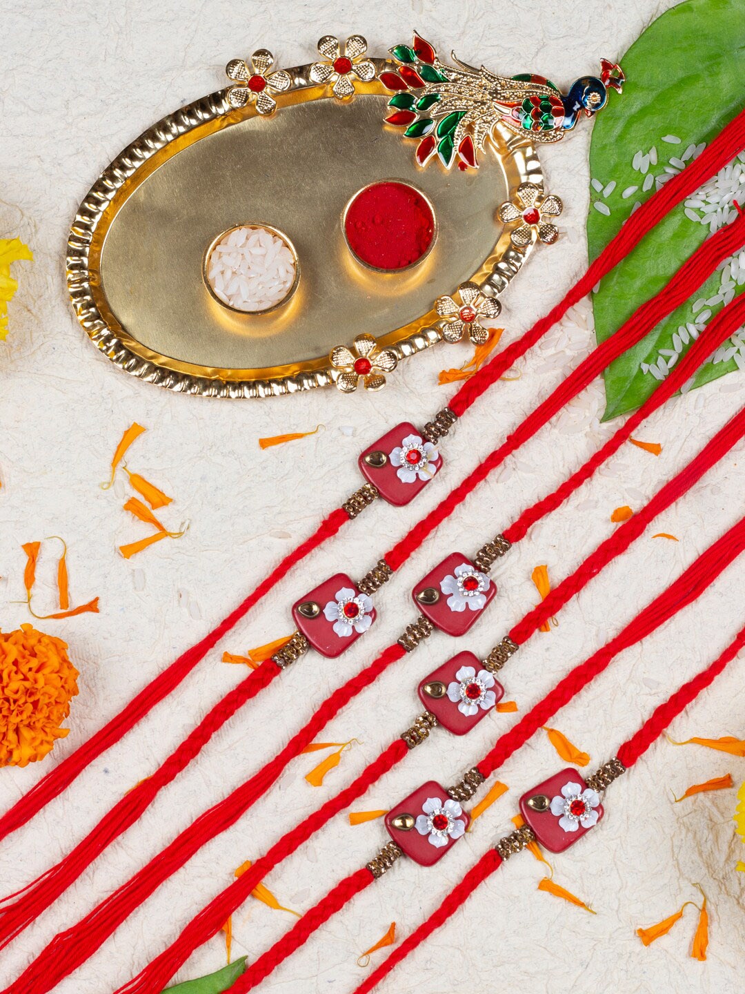 

AccessHer Set Of 6 Stone Studded & Beaded Thread Rakhis, Gold