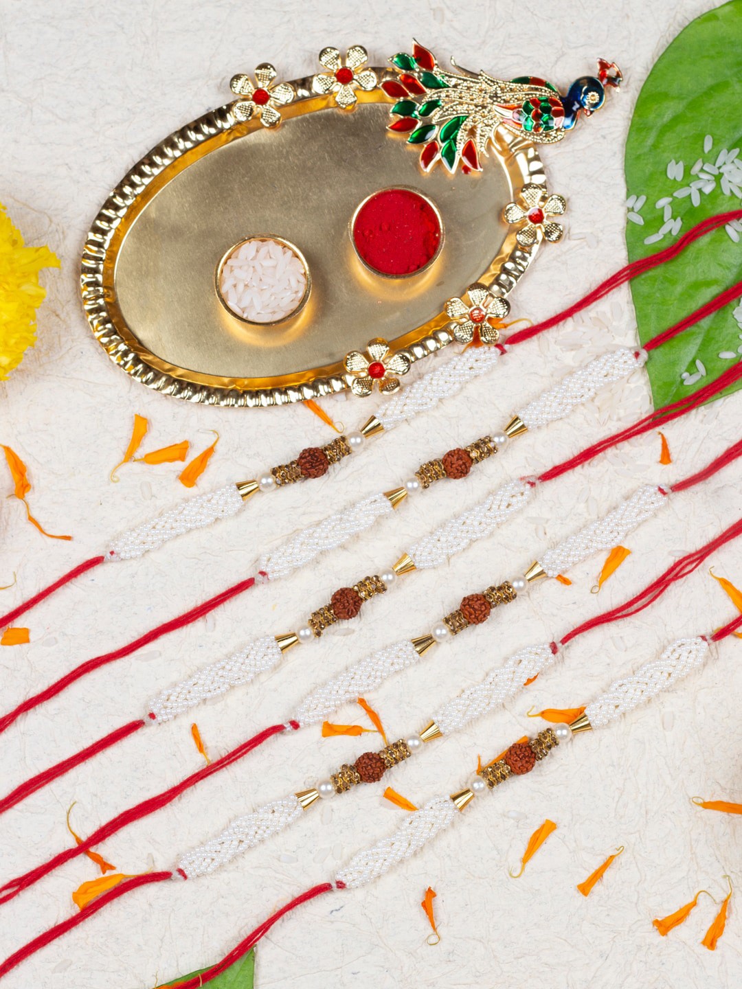 

AccessHer Set Of 6 Rudraksha & Beaded Thread Rakhis, Gold