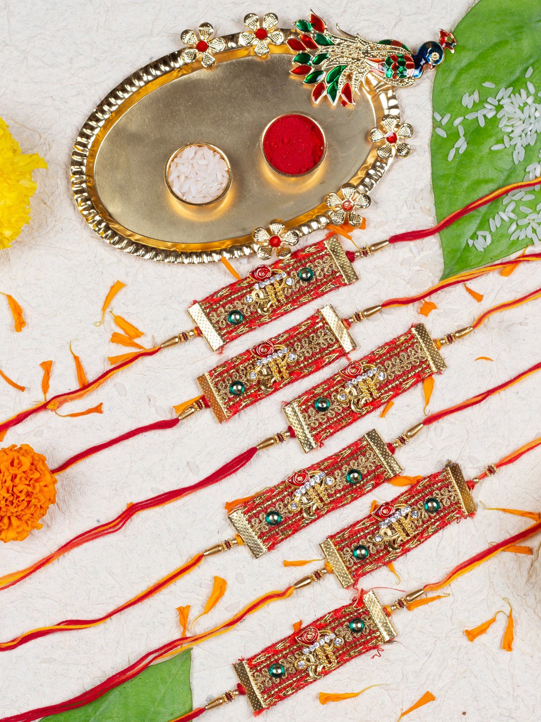 

AccessHer Set Of 6 Stone Studded & Beaded Thread Rakhis, Red