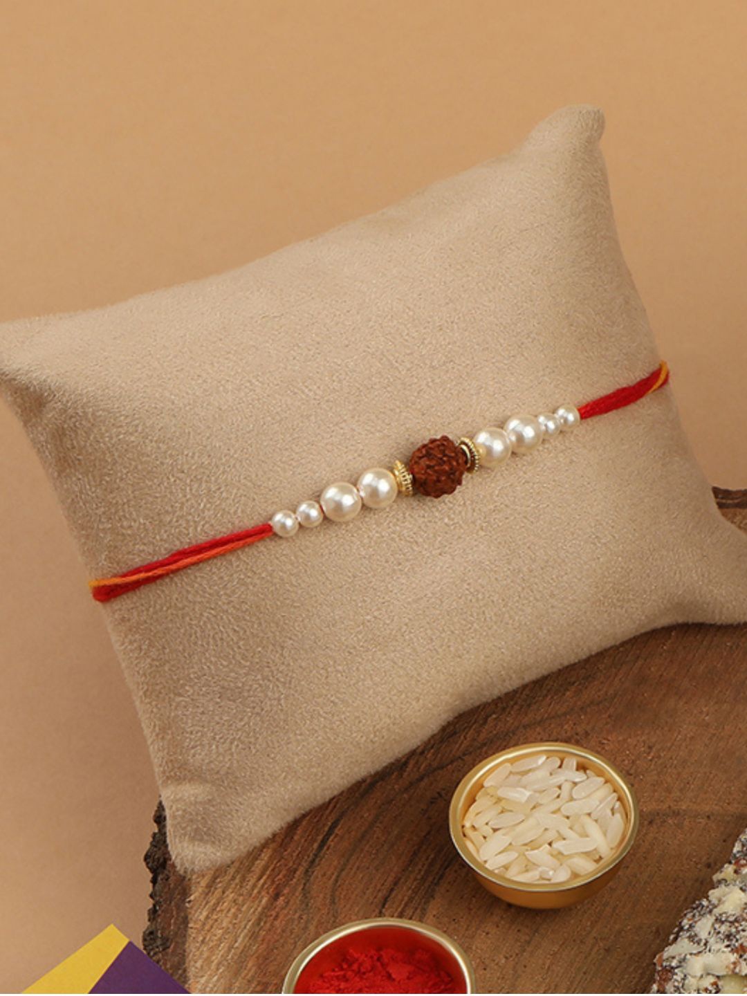 

AccessHer Set Of 6 Rudraksha & Pearls Beaded Thread Rakhis, Red
