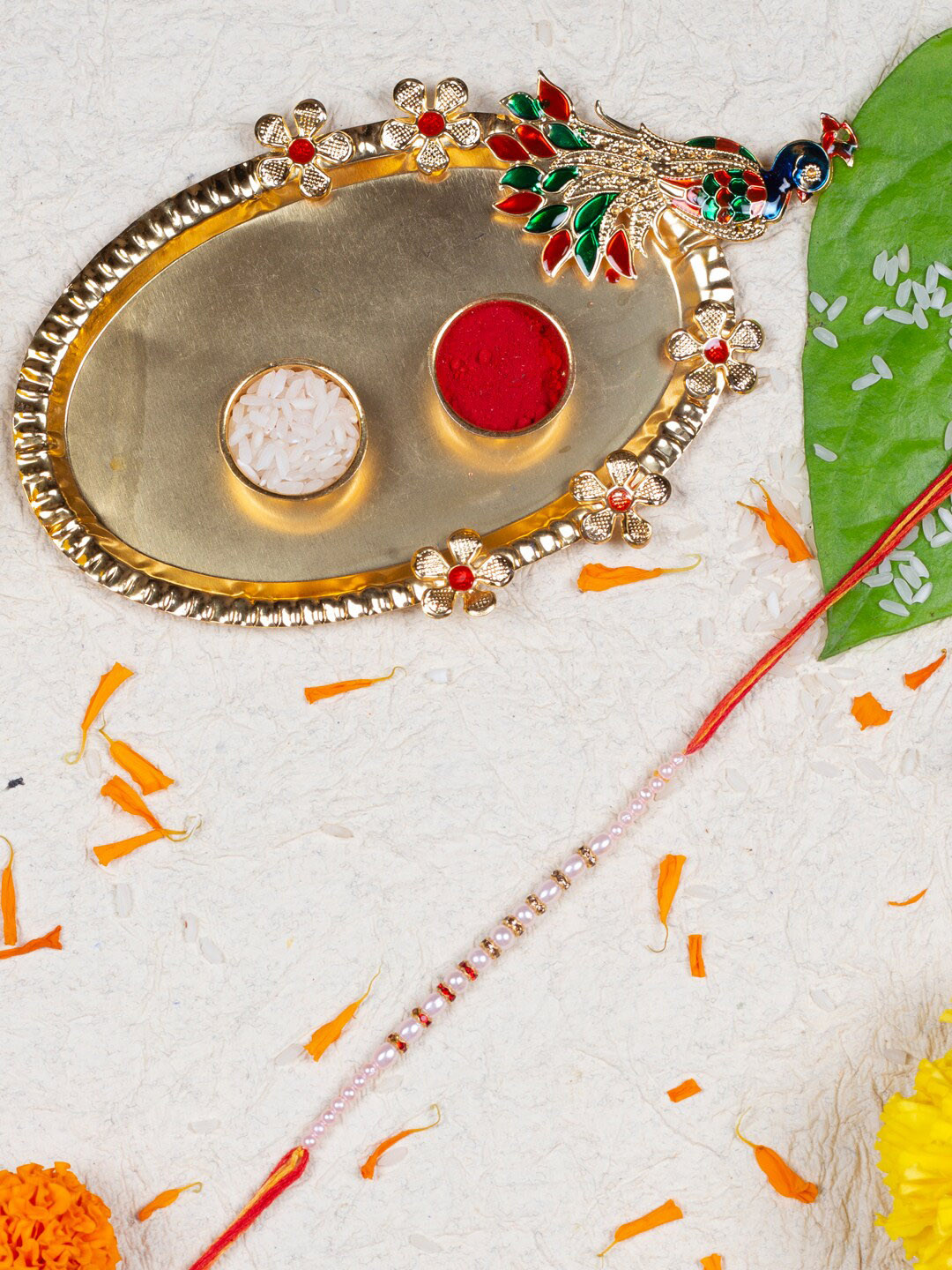 

AccessHer Stone-Beaded Thread Rakhi With Peacock Pooja Thali & Roli Chawal, Gold