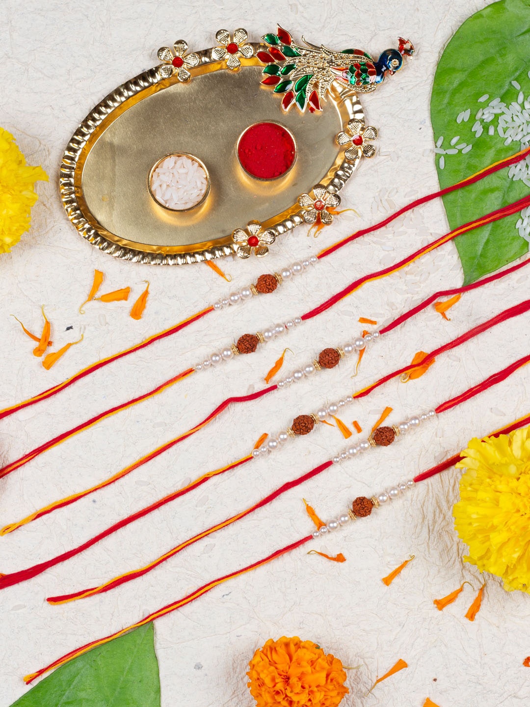 

AccessHer Set Of 6 Beaded Thread Rakhi With Peacock Pooja Thali & Roli Chawal, Red