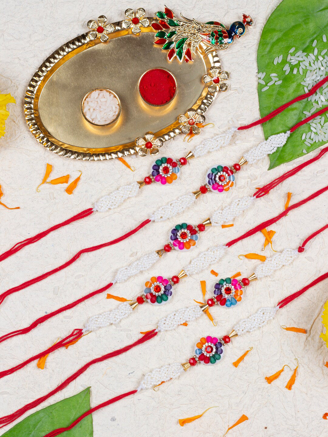 

AccessHer Set Of 6 Beaded & Stone-Studded Rakhi With Pooja Thali & Roli Chawal, Gold