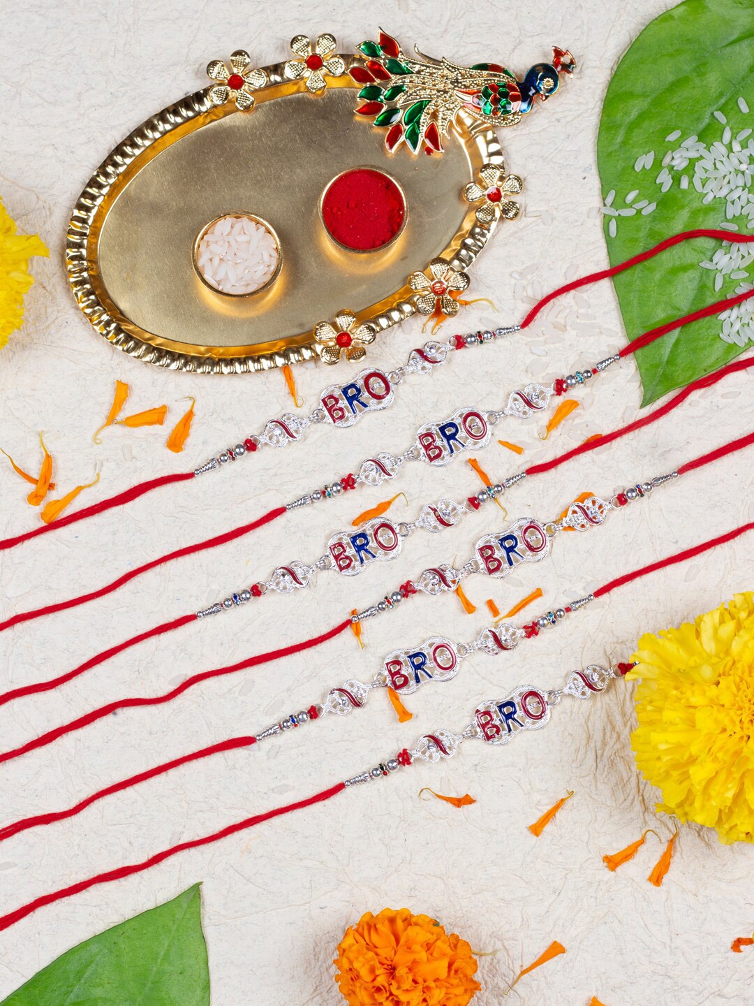 

AccessHer Set of 6 Bro Charm Studded & Beaded Rakhis With Roli Chawal & Pooja Thali, Gold