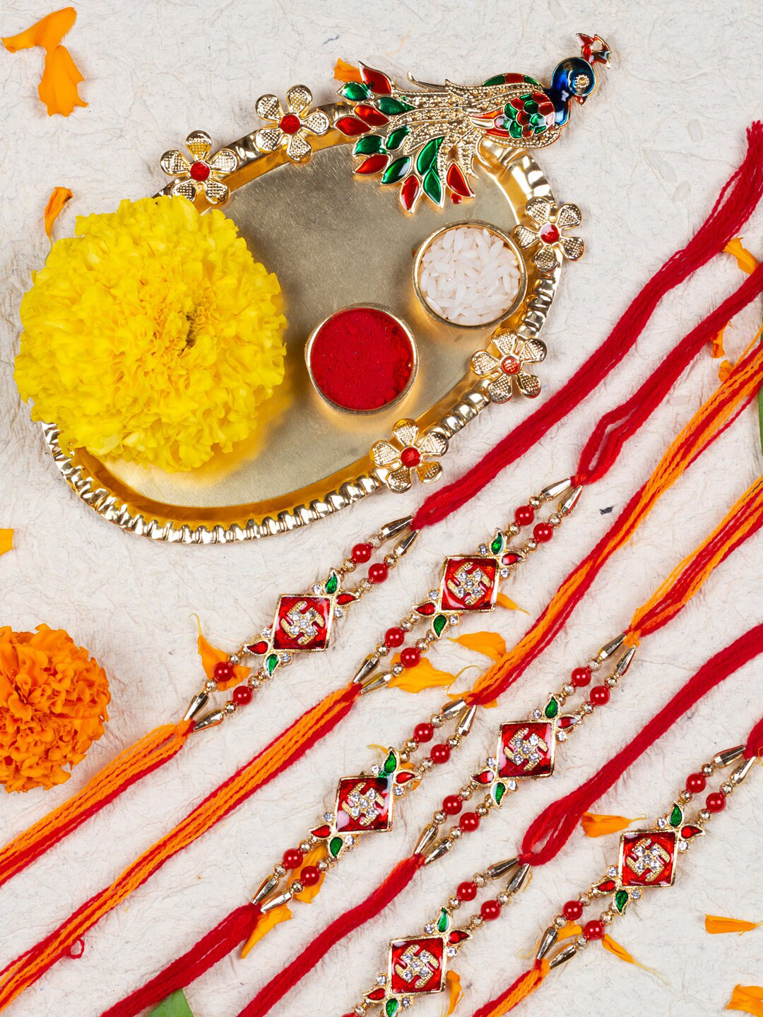

AccessHer Set Of 6 Swastik Charm Rakhi With Peacock Pooja Thali & Roli Chawal, Gold