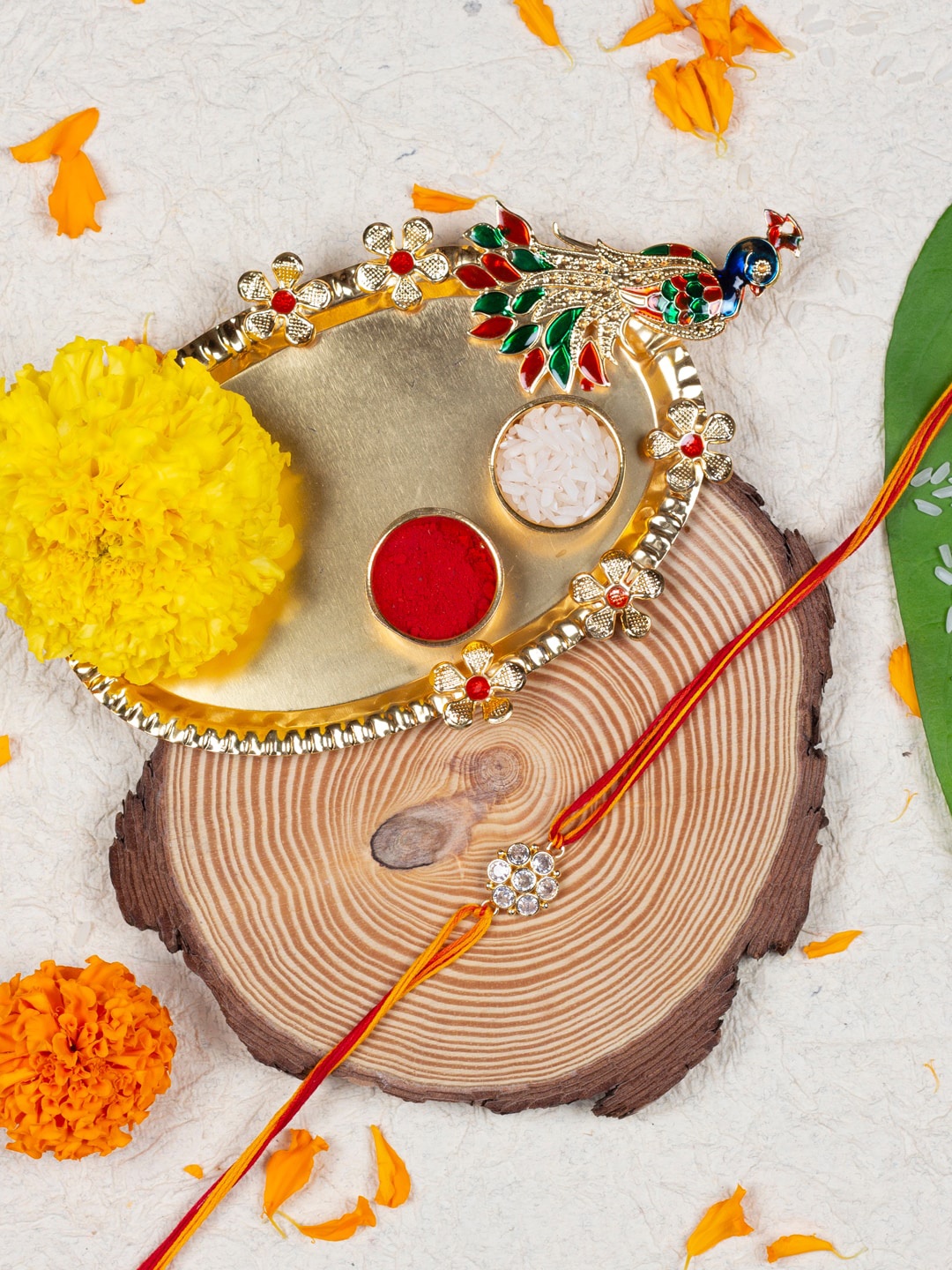 

AccessHer Stone Beaded Rakhi With Peacock Pooja Thali & Roli Chawal, Gold