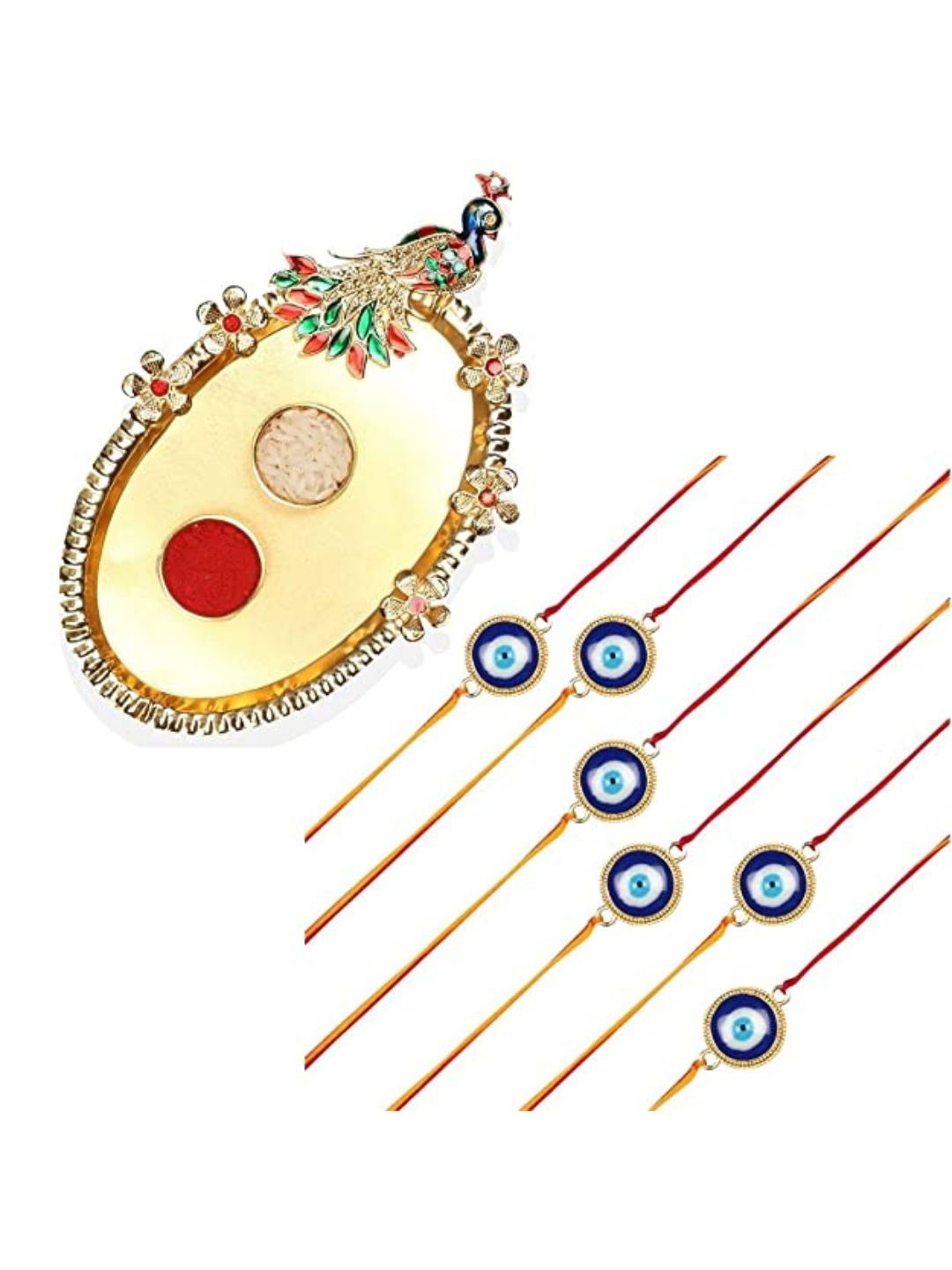 

AccessHer Set of 6 Evil Eye Charm Studded & Beaded Rakhis With Roli Chawal&Thali, Gold