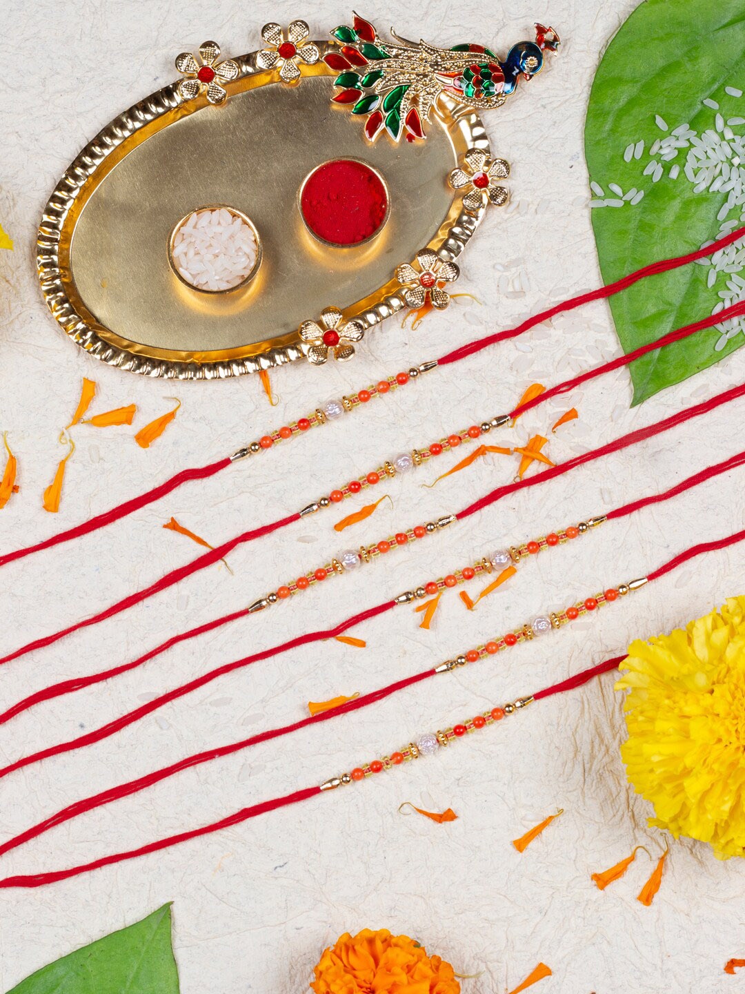 

AccessHer Set Of 6 Beaded Rakhi With Peacock Pooja Thali & Roli Chawal, Gold