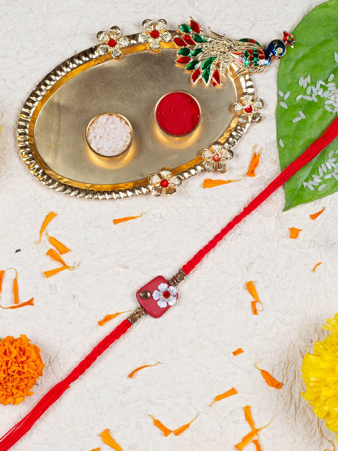 

AccessHer Floral Beaded Rakhi With Peacock Pooja Thali & Roli Chawal, Gold