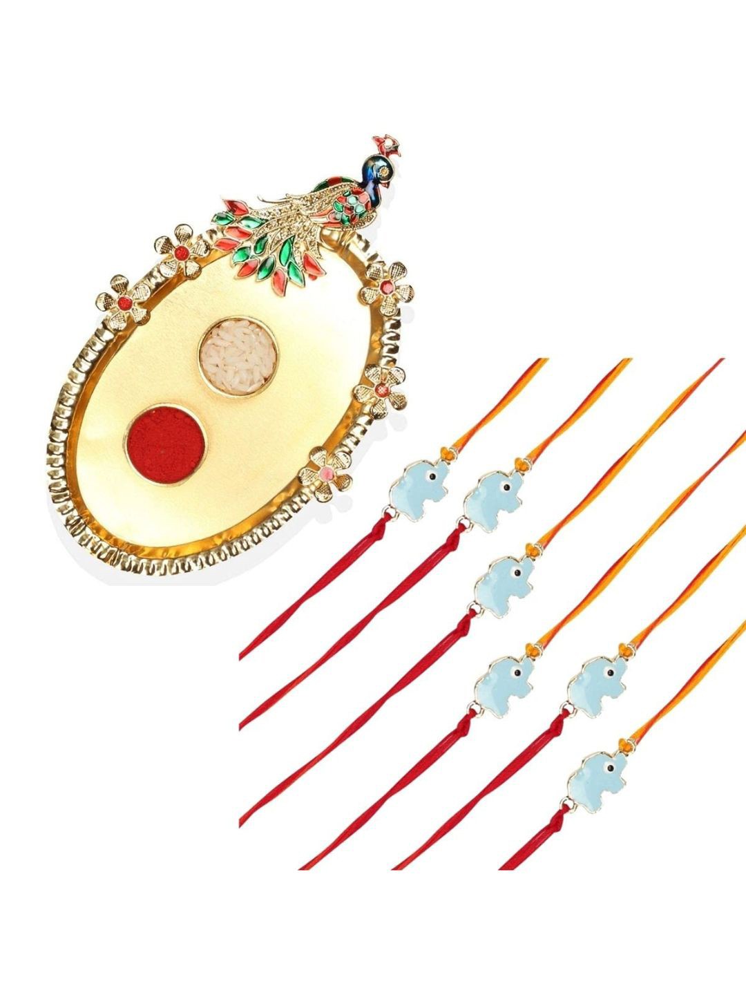 

AccessHer Set of 6 Elephant Charm Studded & Beaded Rakhis With Roli Chawal&Thali, Gold