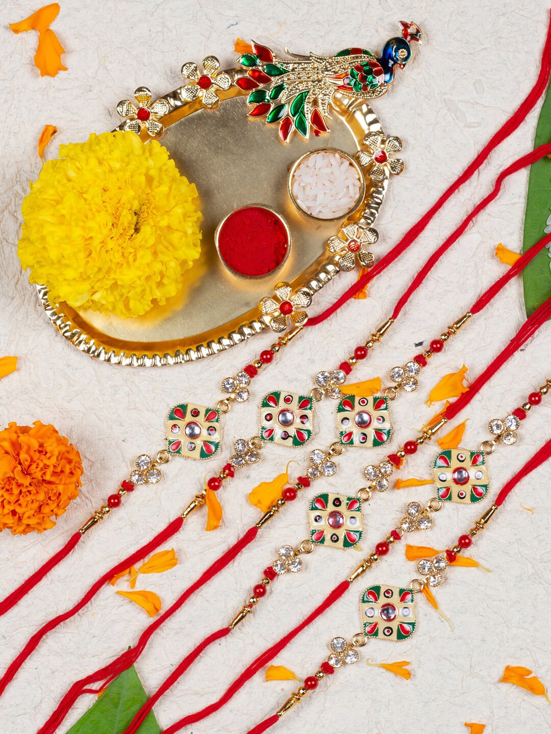 

AccessHer Set Of 6 Stone-Studded & Beaded Rakhi With Peacock Pooja Thali & Roli Chawal, Gold