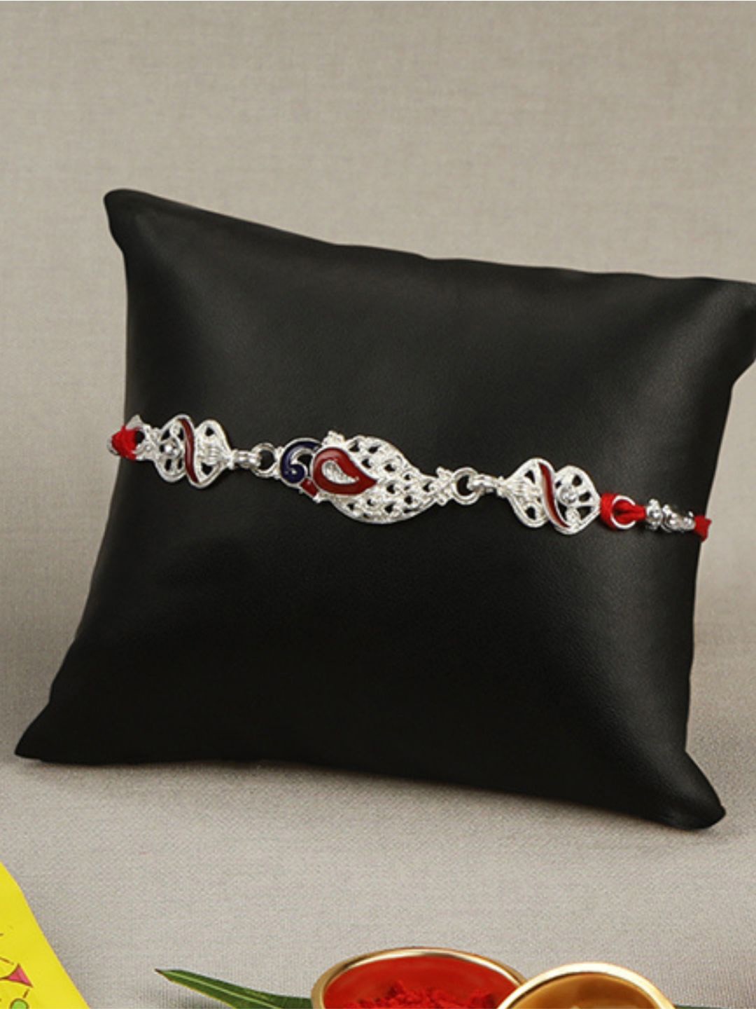 

AccessHer Set Of 6 Textured Peacock Rakhi With Roli Chawal, Silver