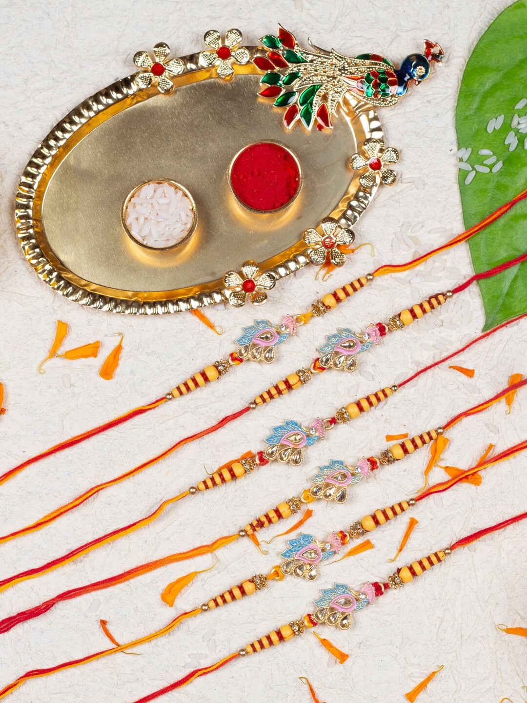 

AccessHer Set Of 6 Stone Studded Beaded Rakhi With Roli & Pooja Thali, Gold