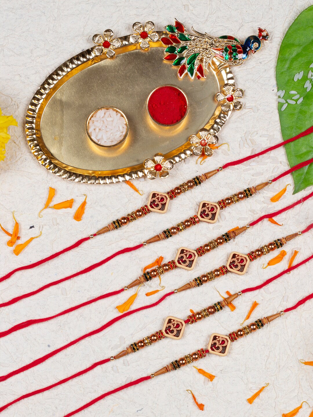 

AccessHer Set Of 6 Stone Beaded Rakhi With Peacock Pooja Thali, Gold