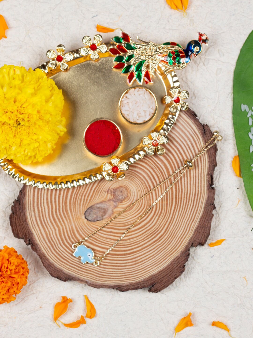 

AccessHer Elephant Charm Studded & Beaded Rakhis With Roli,Chawal & Thali, Gold