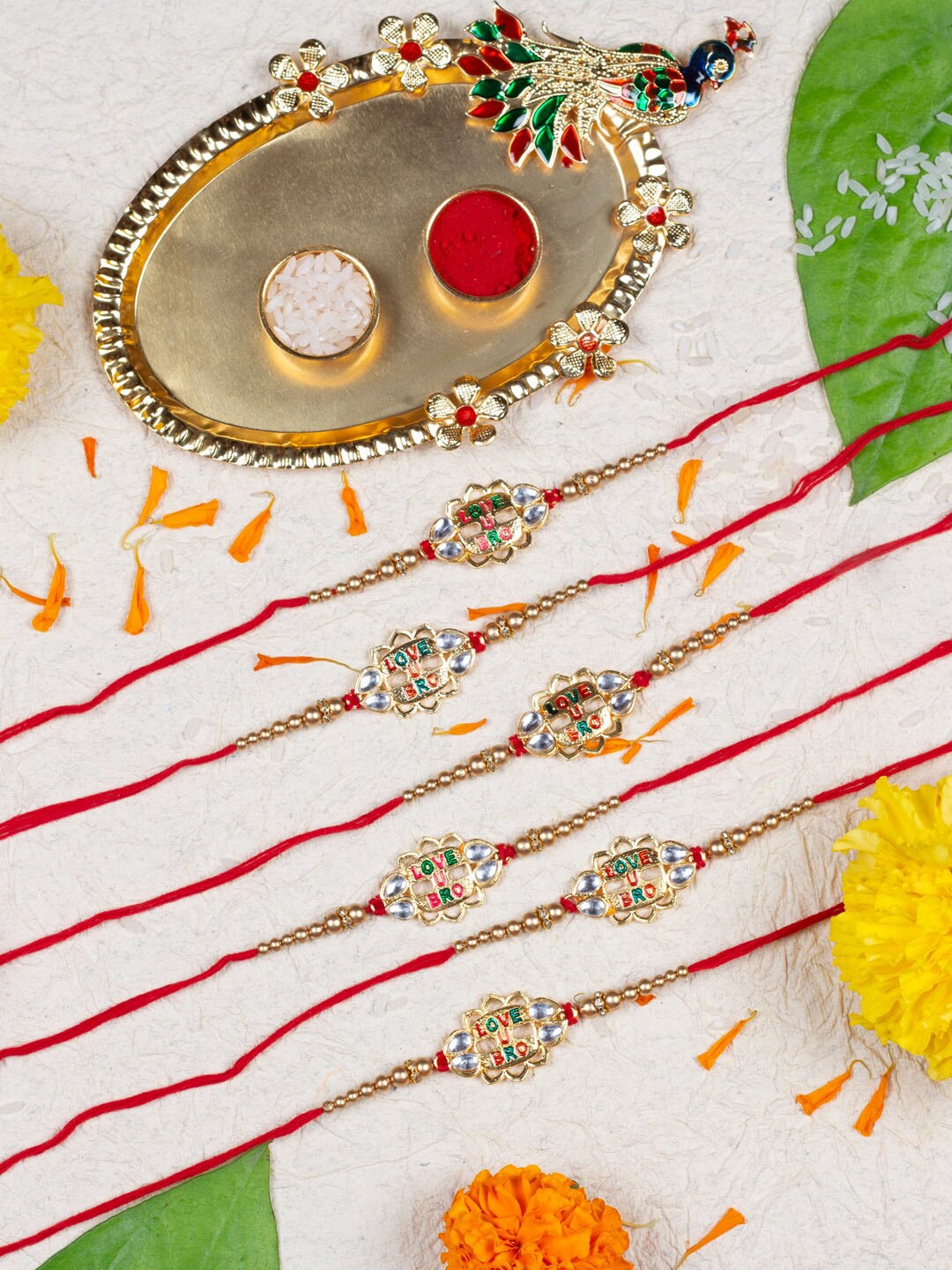 

AccessHer Set Of 6 Rakhi With Peacock Pooja Thali, Gold