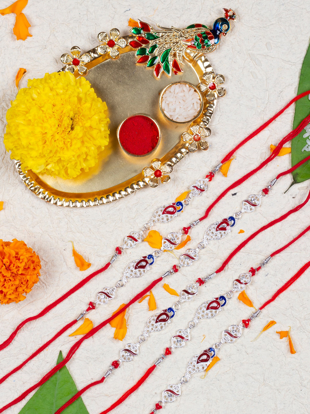 

AccessHer Pack Of 6 Rakhi With Peacock Pooja Thali, Gold