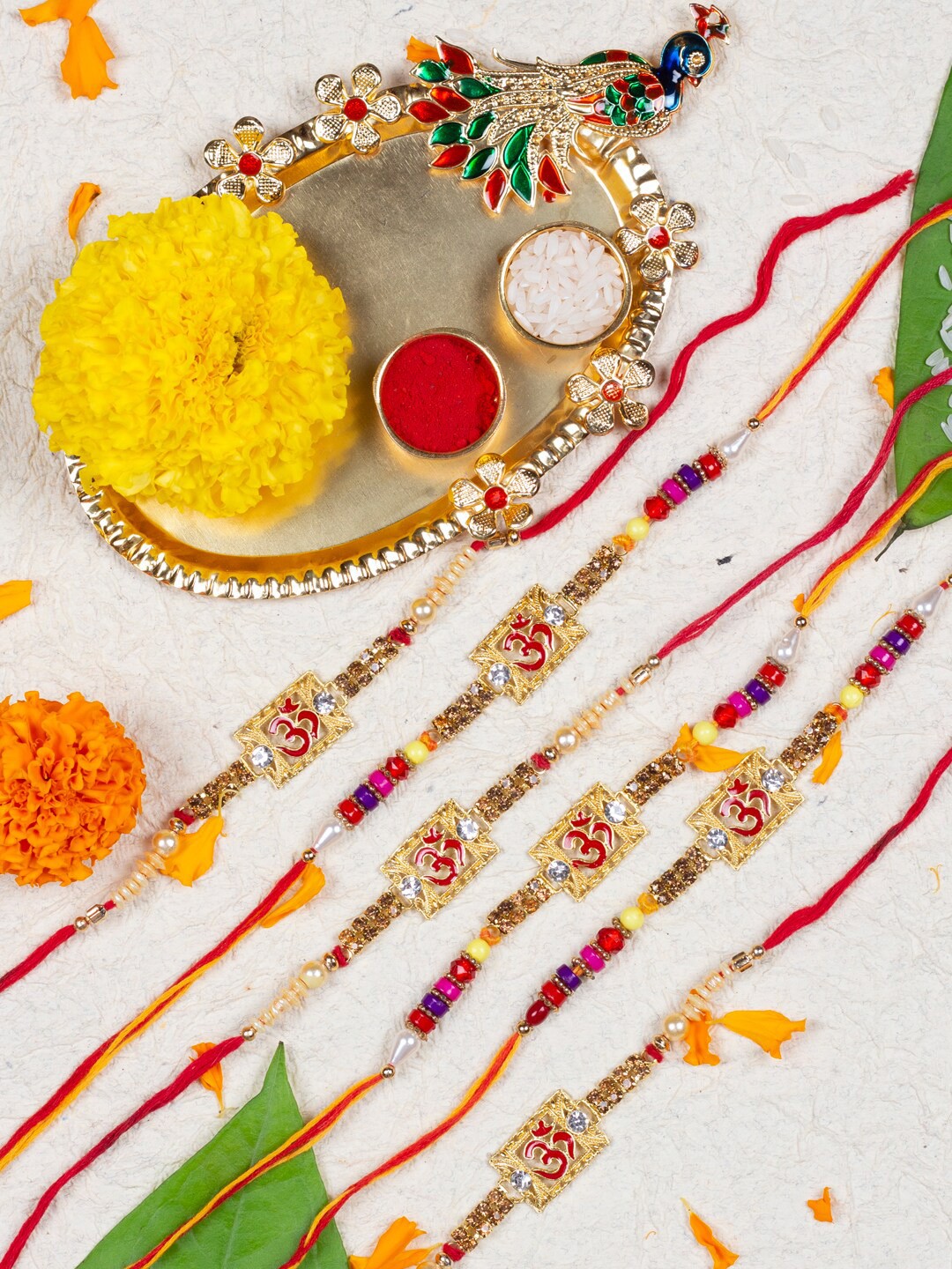 

AccessHer Set Of 6 Stone-Studded & Beaded Rakhi With Peacock Pooja Thali, Gold