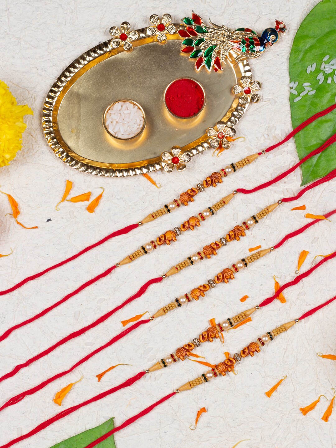 

AccessHer Set Of 6 Gold Beaded Rakhi With Peacock Pooja Thali