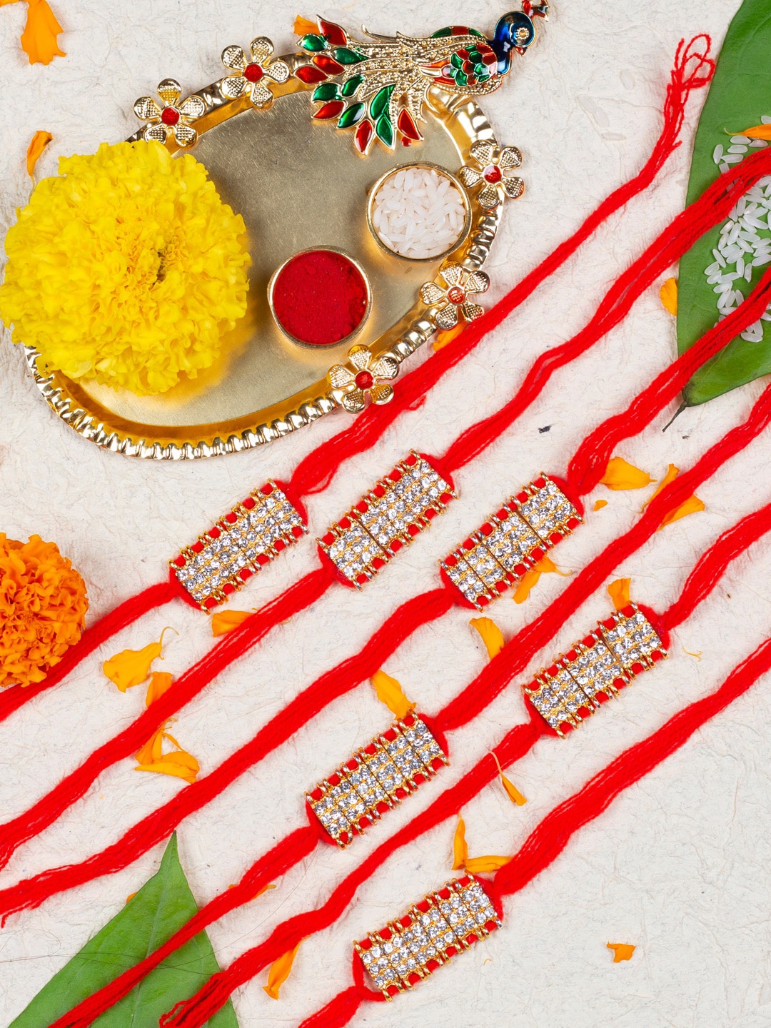 

AccessHer Women Set Of 6 Thread Rakhis With Peacock Pooja Thali, Gold
