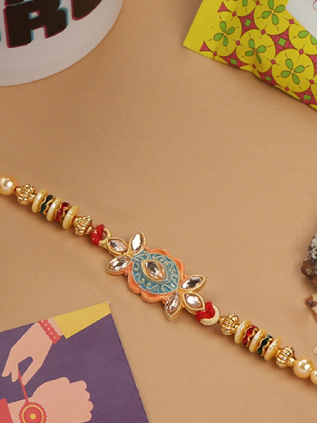 

AccessHer Set Of 6 Kundan-Studded & Beaded Rakhi, Gold