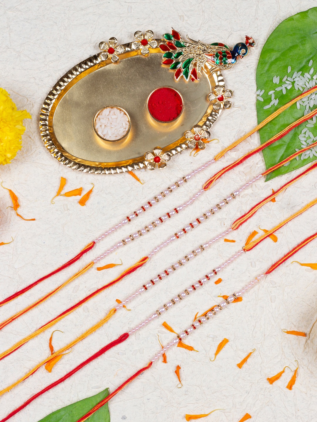 

AccessHer Set Of 6 Beaded Rakhi With Peacock Pooja Thali, Gold