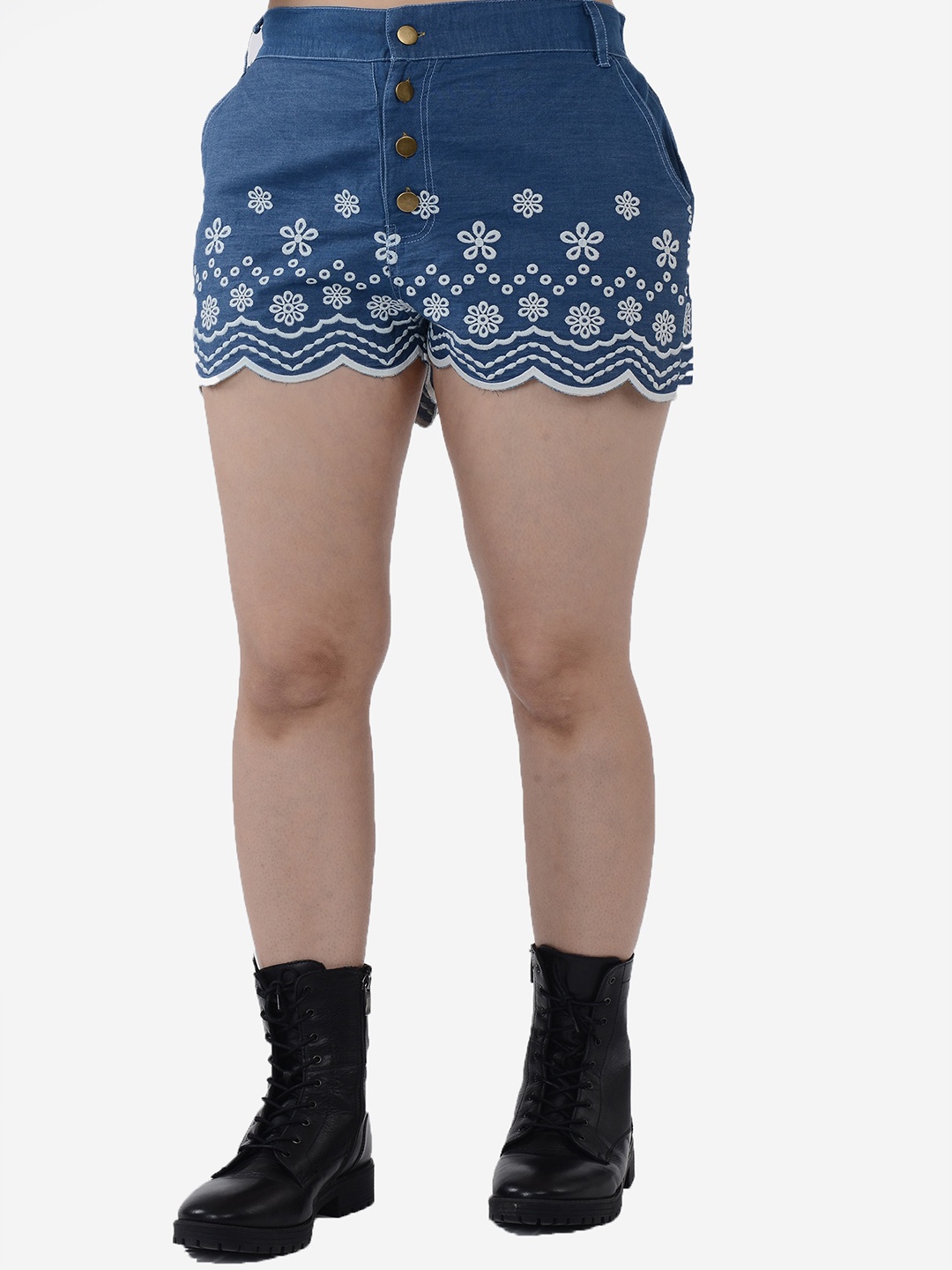 SUMAVI-FASHION Women Floral Embroidered Denim Shorts, Blue