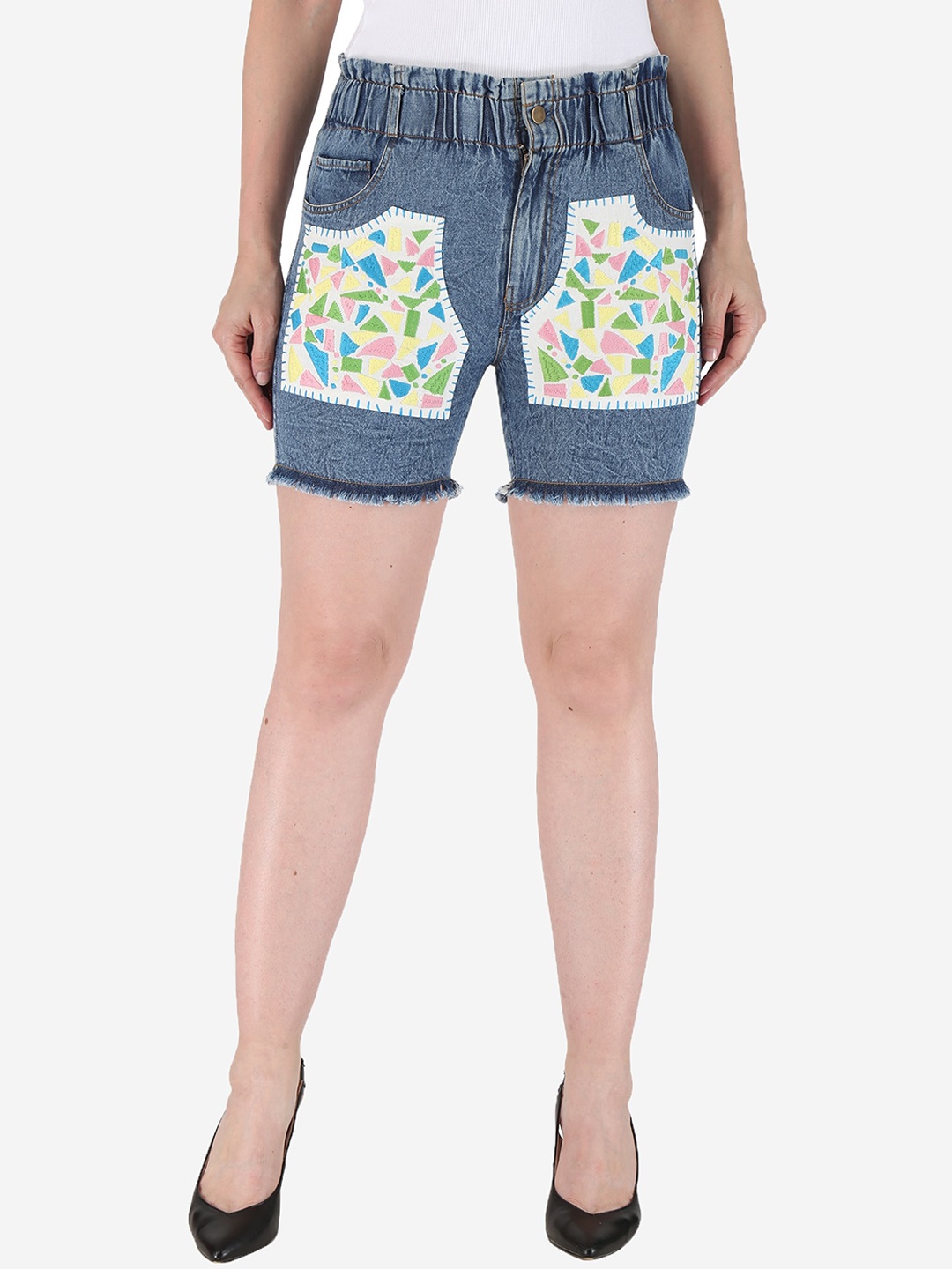 

SUMAVI-FASHION Women Mid-Rise Embroidered Denim Shorts, Blue
