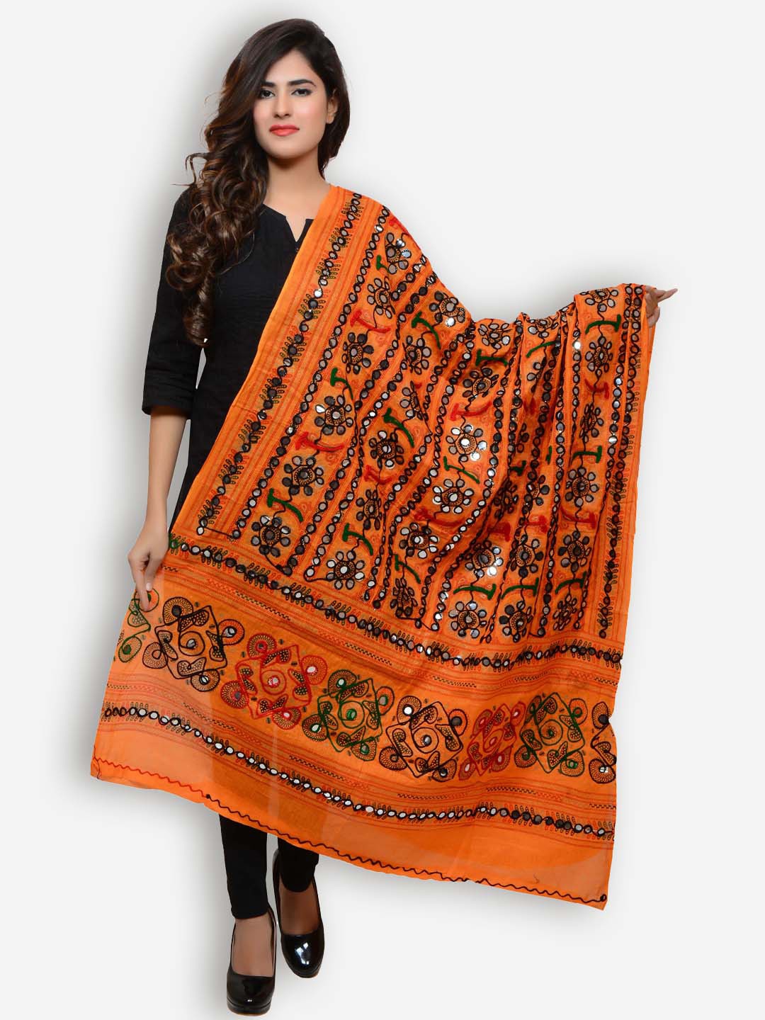 

BANJARA INDIA Ethnic Motifs Embroidered Cotton Dupatta With Mirror Work, Orange