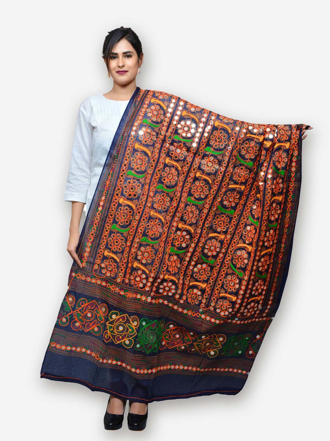 

BANJARA INDIA Ethnic Motifs Embroidered Cotton Dupatta With Mirror Work, Navy blue