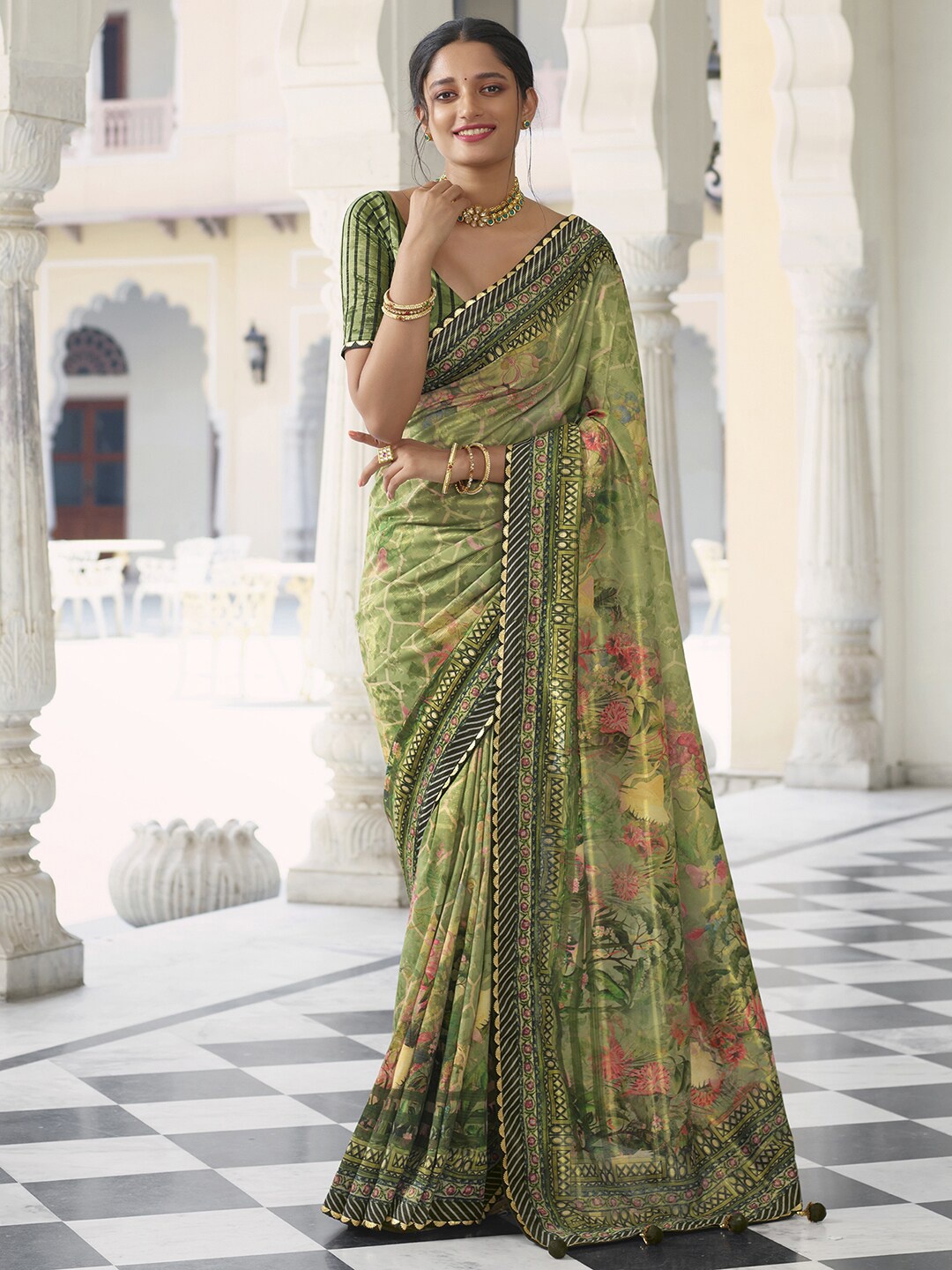 

Anouk Light Green Floral Printed Embellished Saree