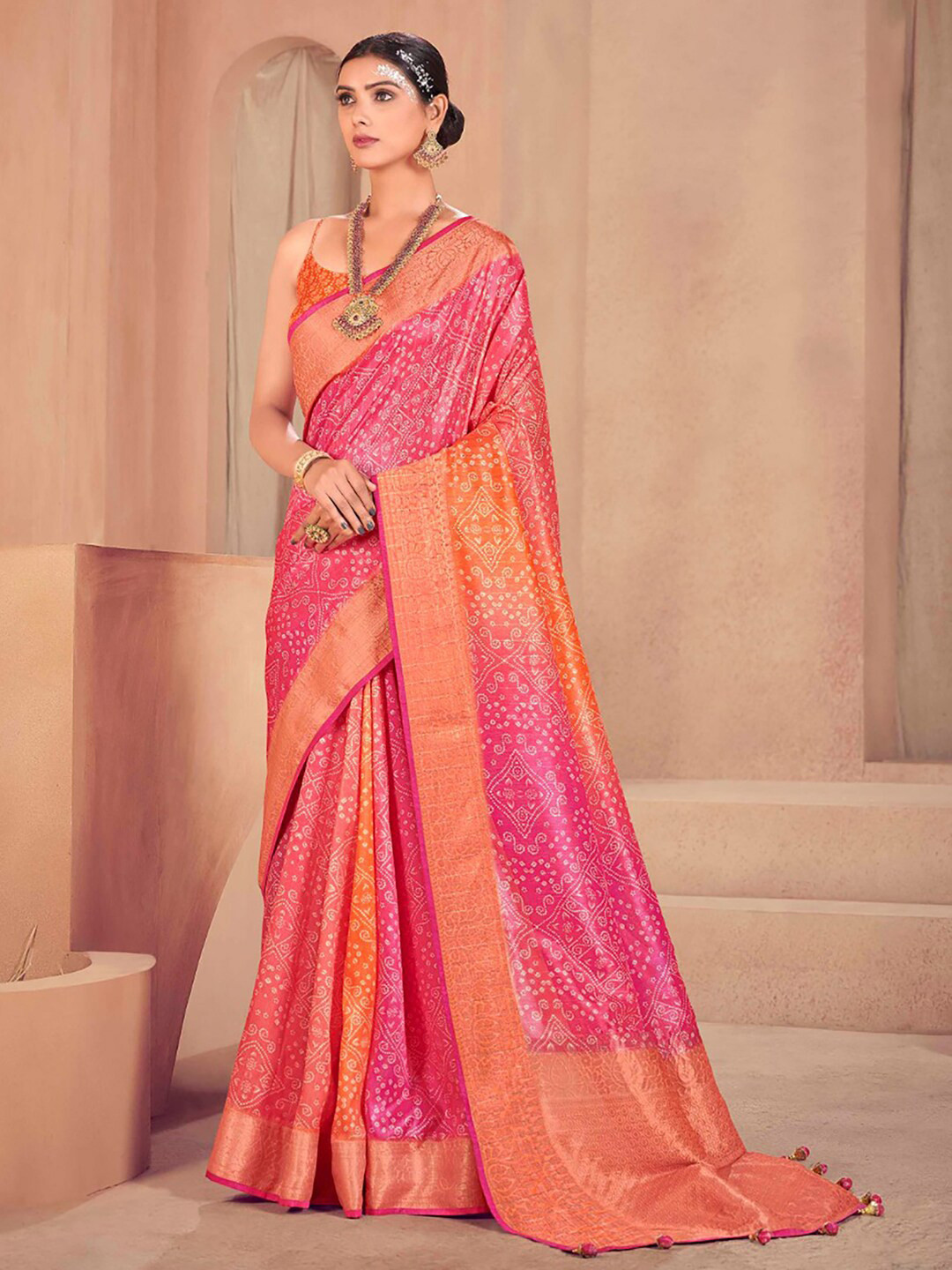 

Anouk Bandhani Printed Zari Silk Blend Bandhani Saree, Pink