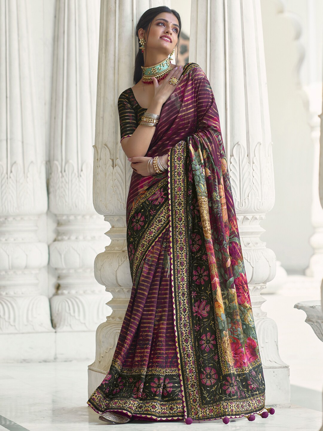 

Anouk Floral Printed Silk Blend Saree, Purple