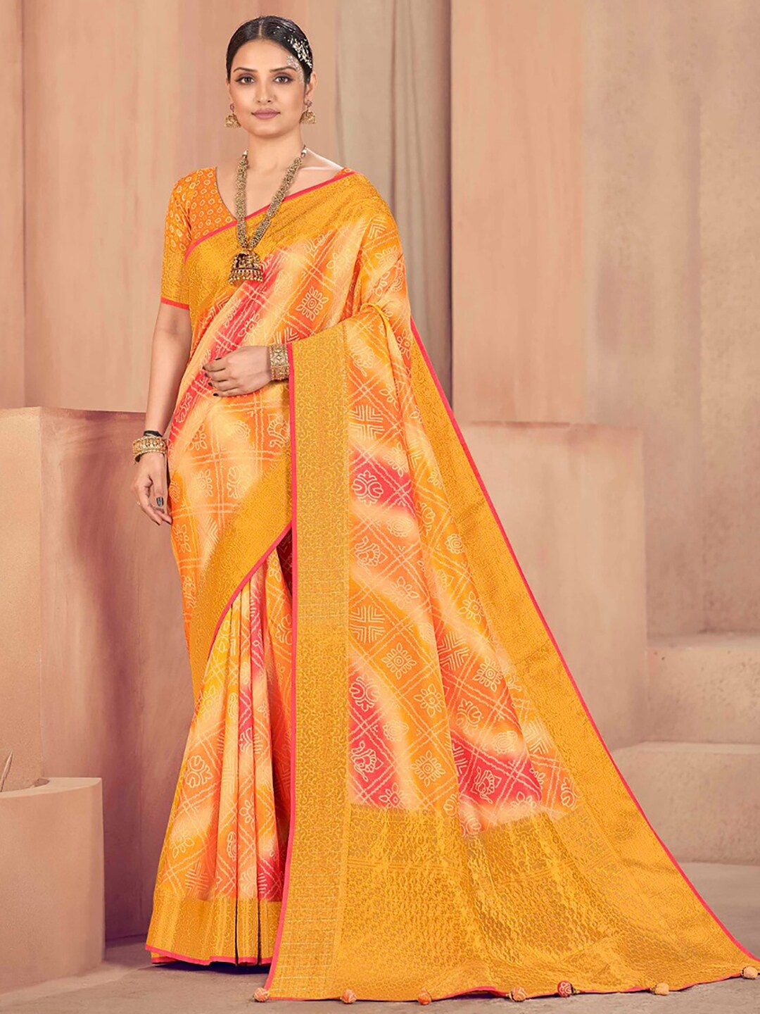 

Anouk Ethnic Motifs Printed Zari Silk Blend Bandhani Saree, Yellow