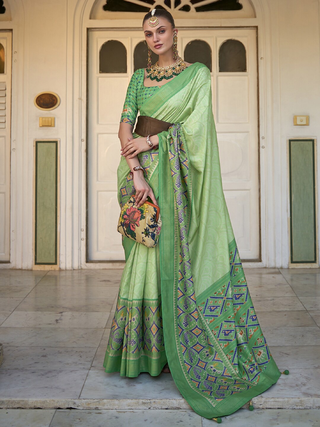 

Anouk Ethnic Motifs Woven Design Patola Saree, Green