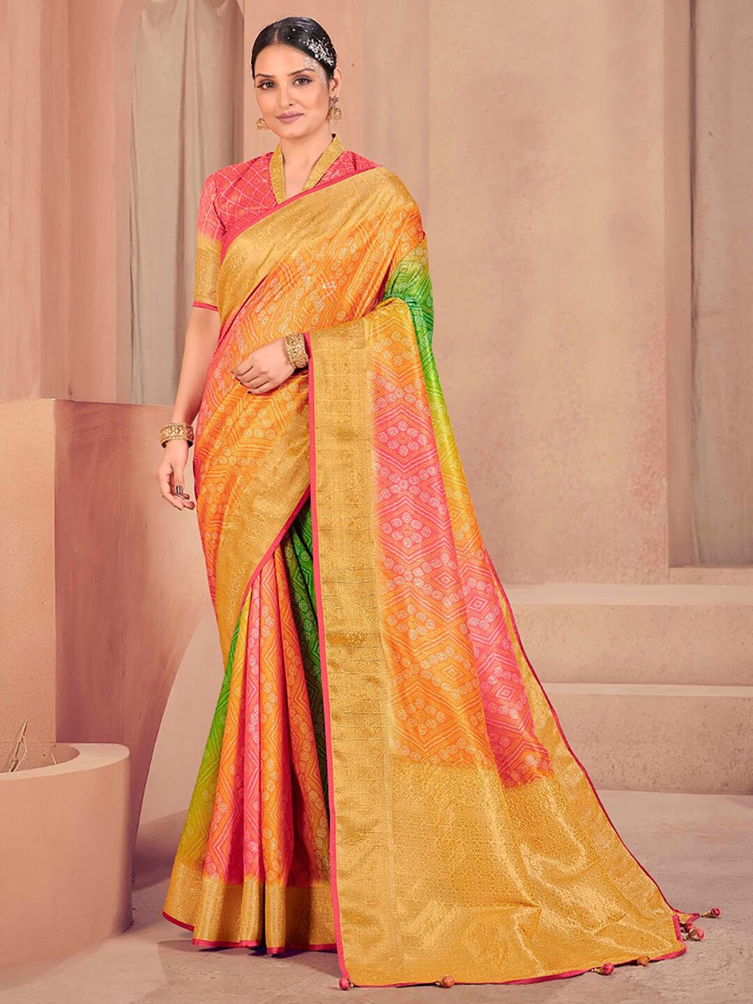 

Anouk Yellow & Red Bandhani Printed Zari Saree