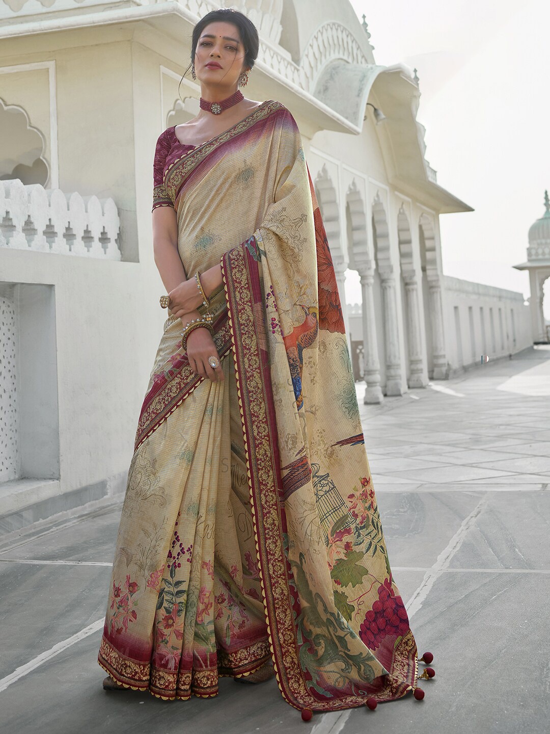 

Anouk Cream-Coloured & Red Floral Printed Silk Blend Saree