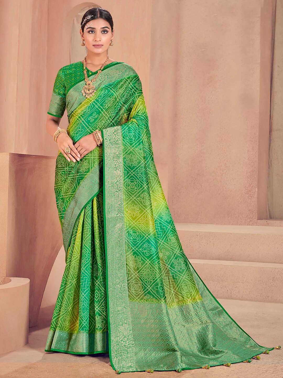 

Anouk Bandhani Printed Zari Saree, Green
