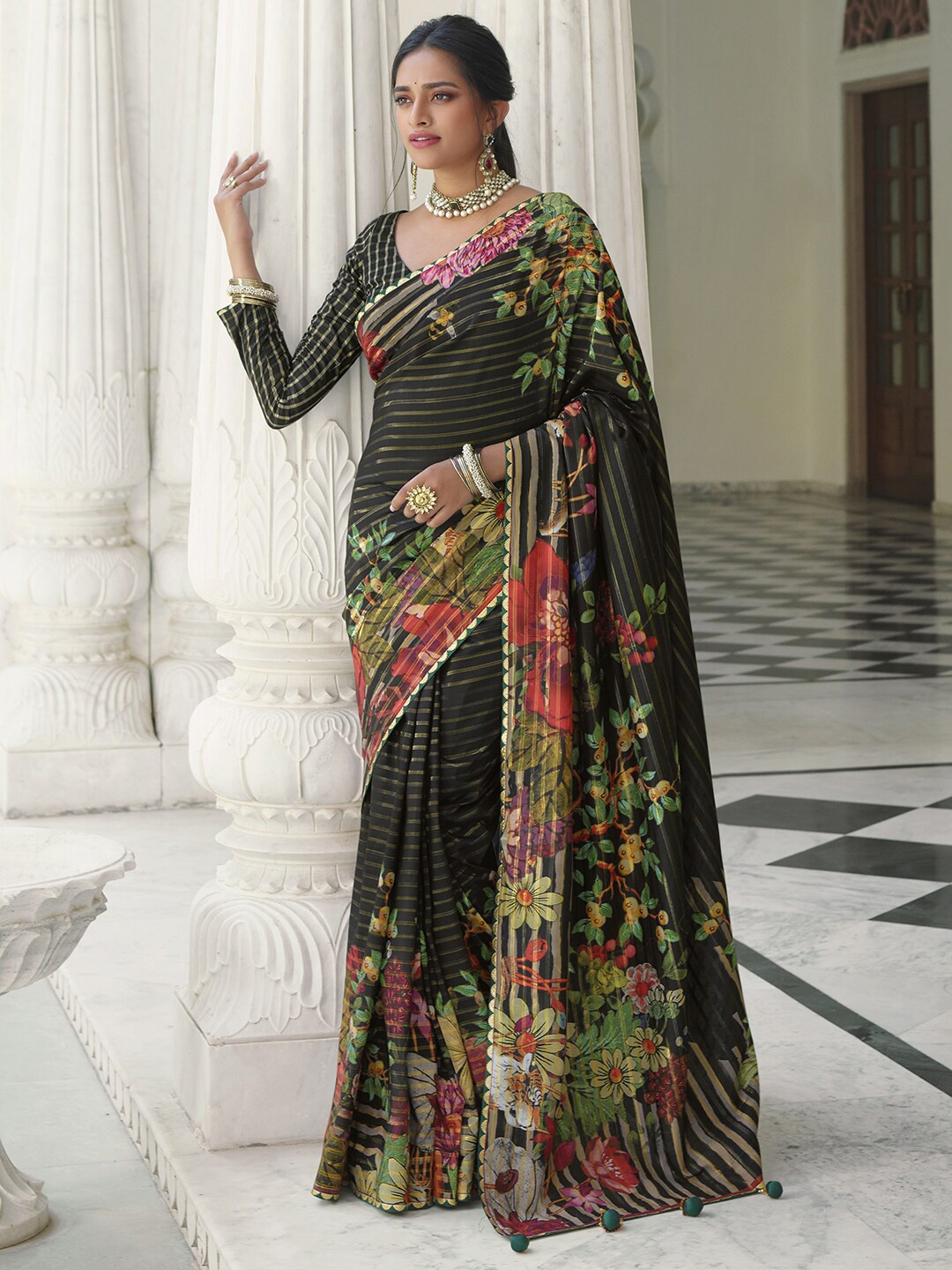 

Anouk Black & Green Striped Silk Blend Saree