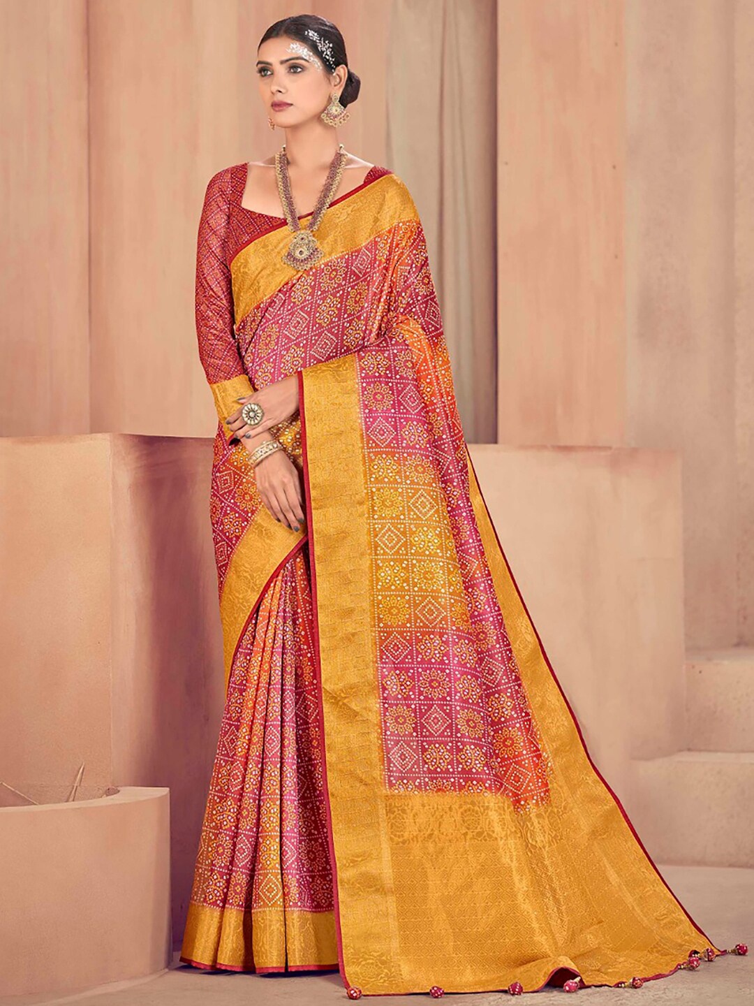 

Anouk Pink & yellow Bandhani Printed Zari Bandhani Saree