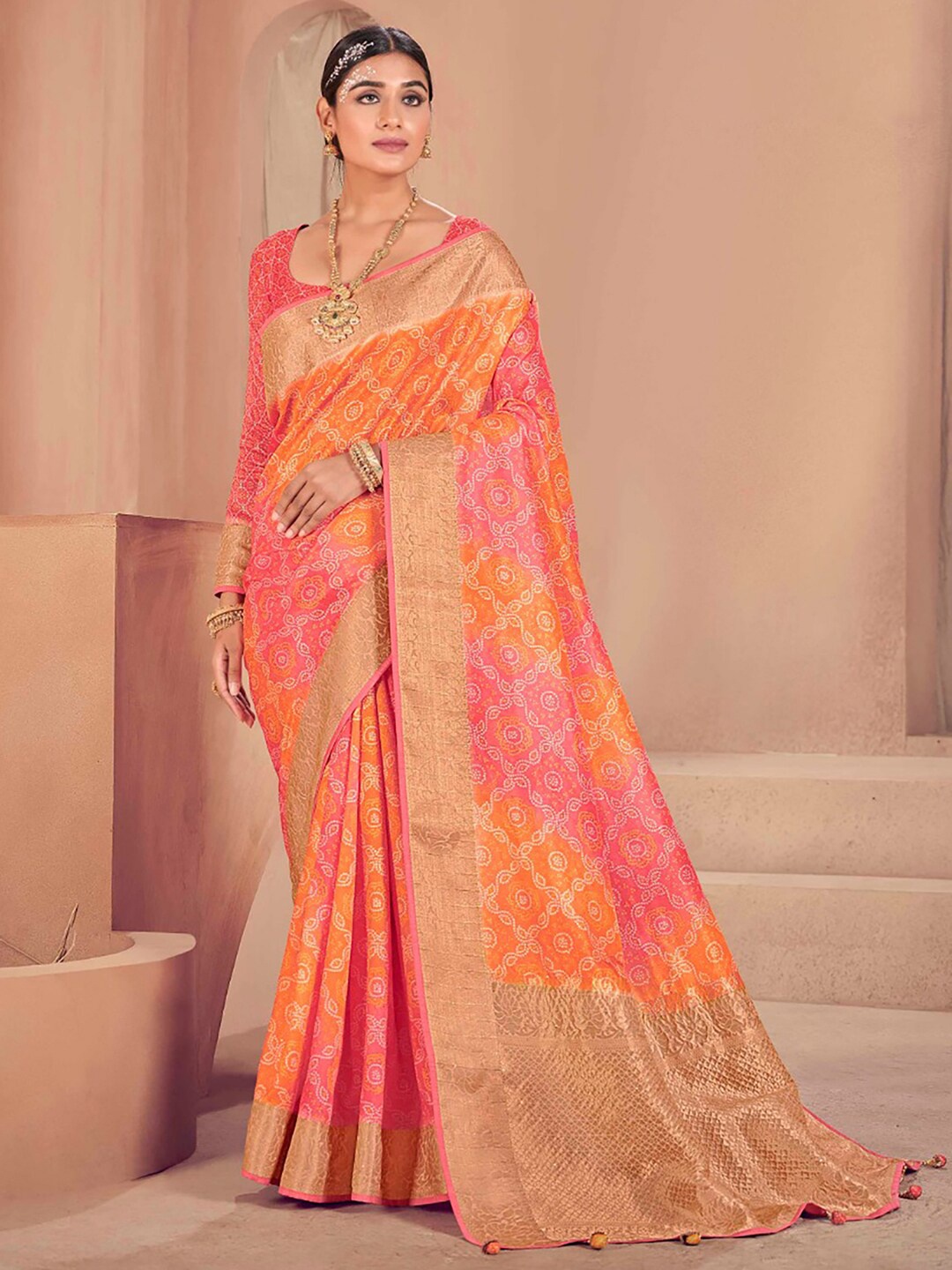

Anouk Orange Bandhani Printed Zari Bandhani Saree