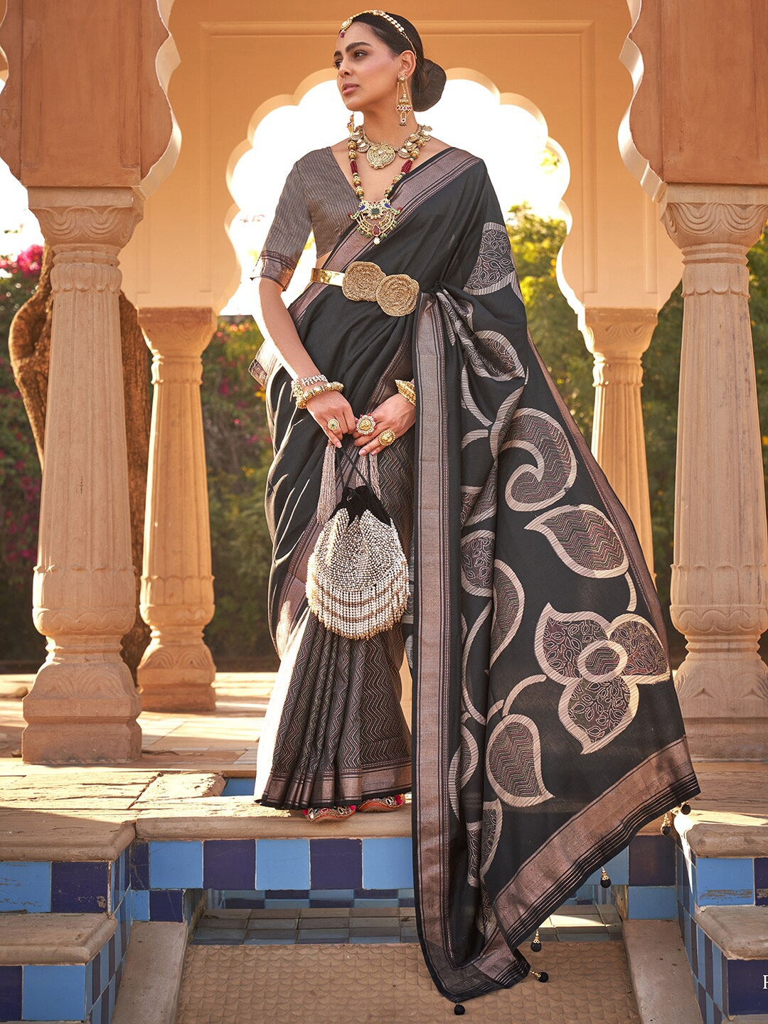 Anouk Black Woven Design Zari Silk Blend Bagh Saree