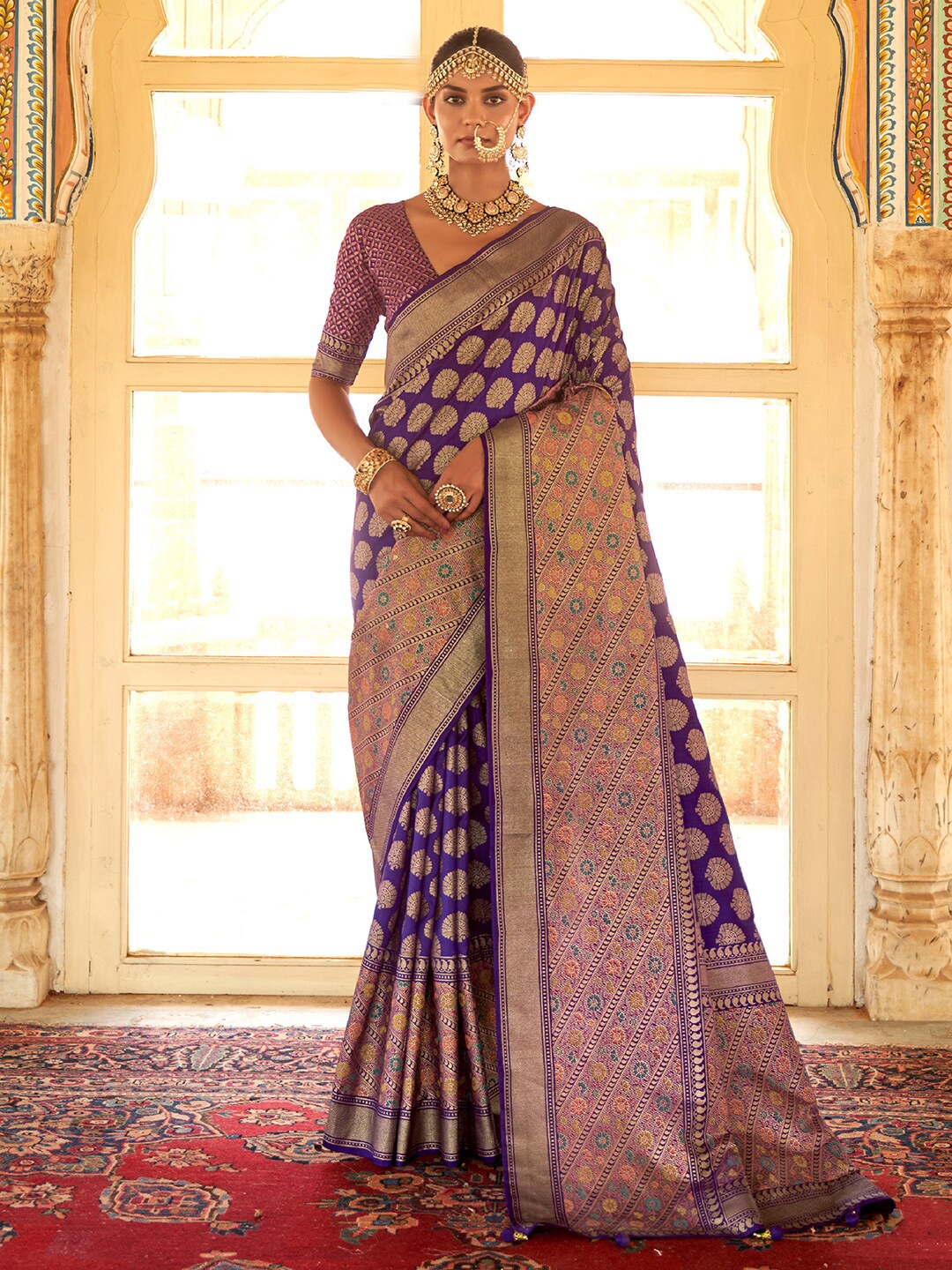 

Anouk Purple & Blue Ethnic Motifs Woven Design Zari Banarasi Saree