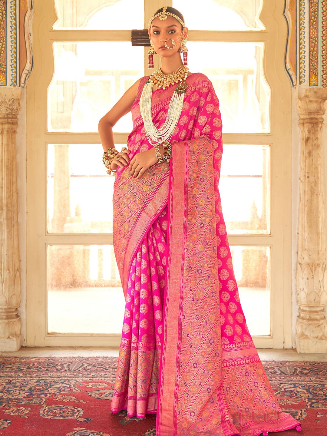 

Anouk Pink & Gold-Toned Ethnic Motif Woven Design Zari Banarasi Saree