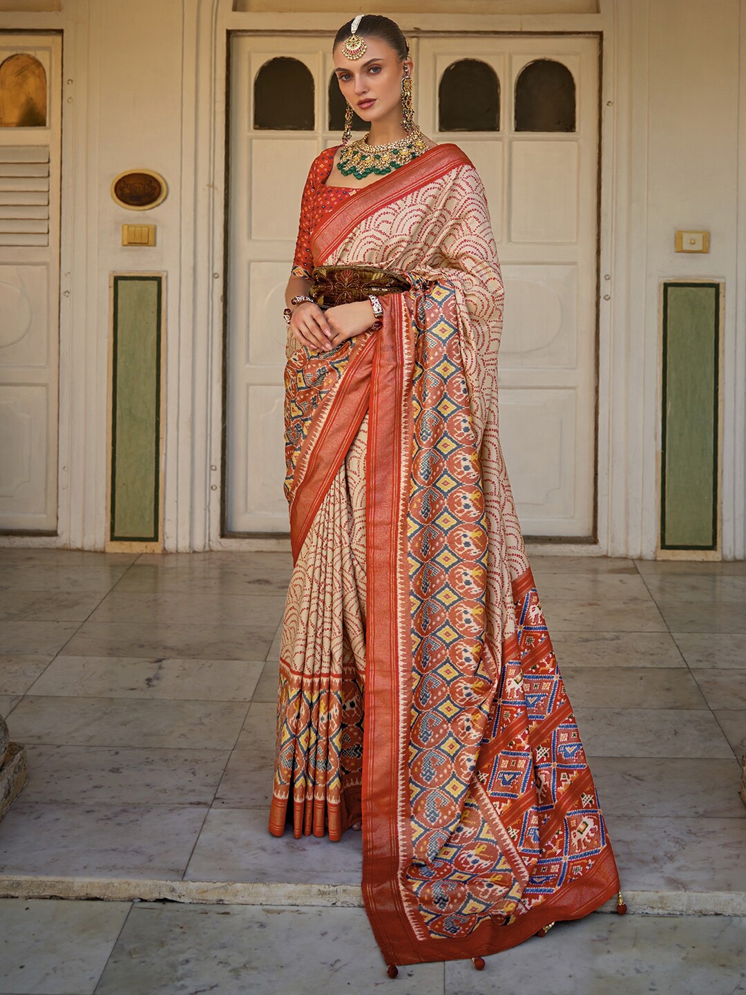 

Anouk Cream-Coloured & Blue Bandhani Printed Zari Patola Saree
