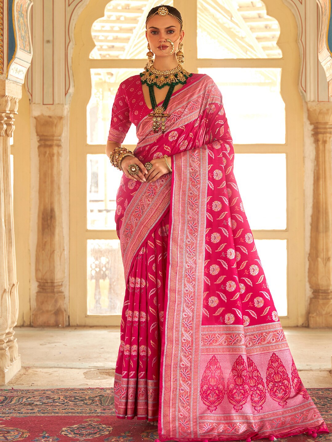 Anouk Ethnic Motif Zari Silk Blend Banarasi Saree With Blouse Piece, Pink