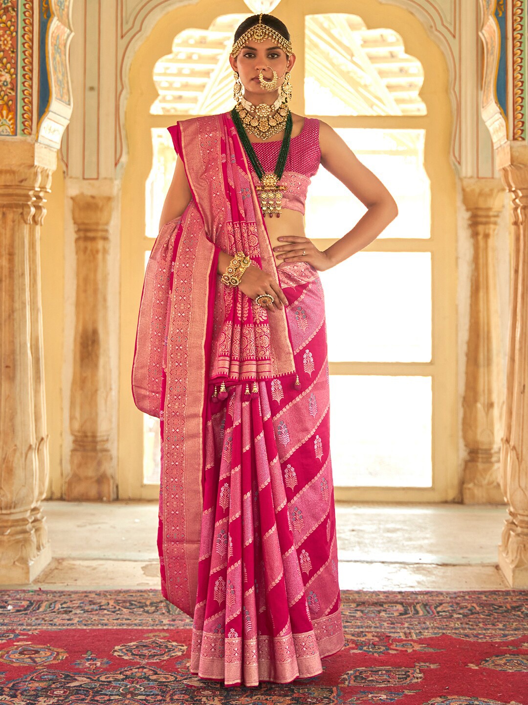 

Anouk Ethnic Motif Zari Silk Blend Banarasi Saree With Blouse Piece, Pink