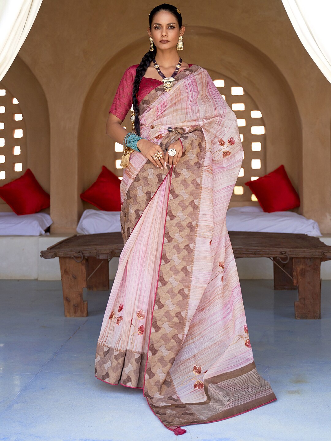 

Anouk Woven Design Zari Silk Blend Banarasi Saree, Pink