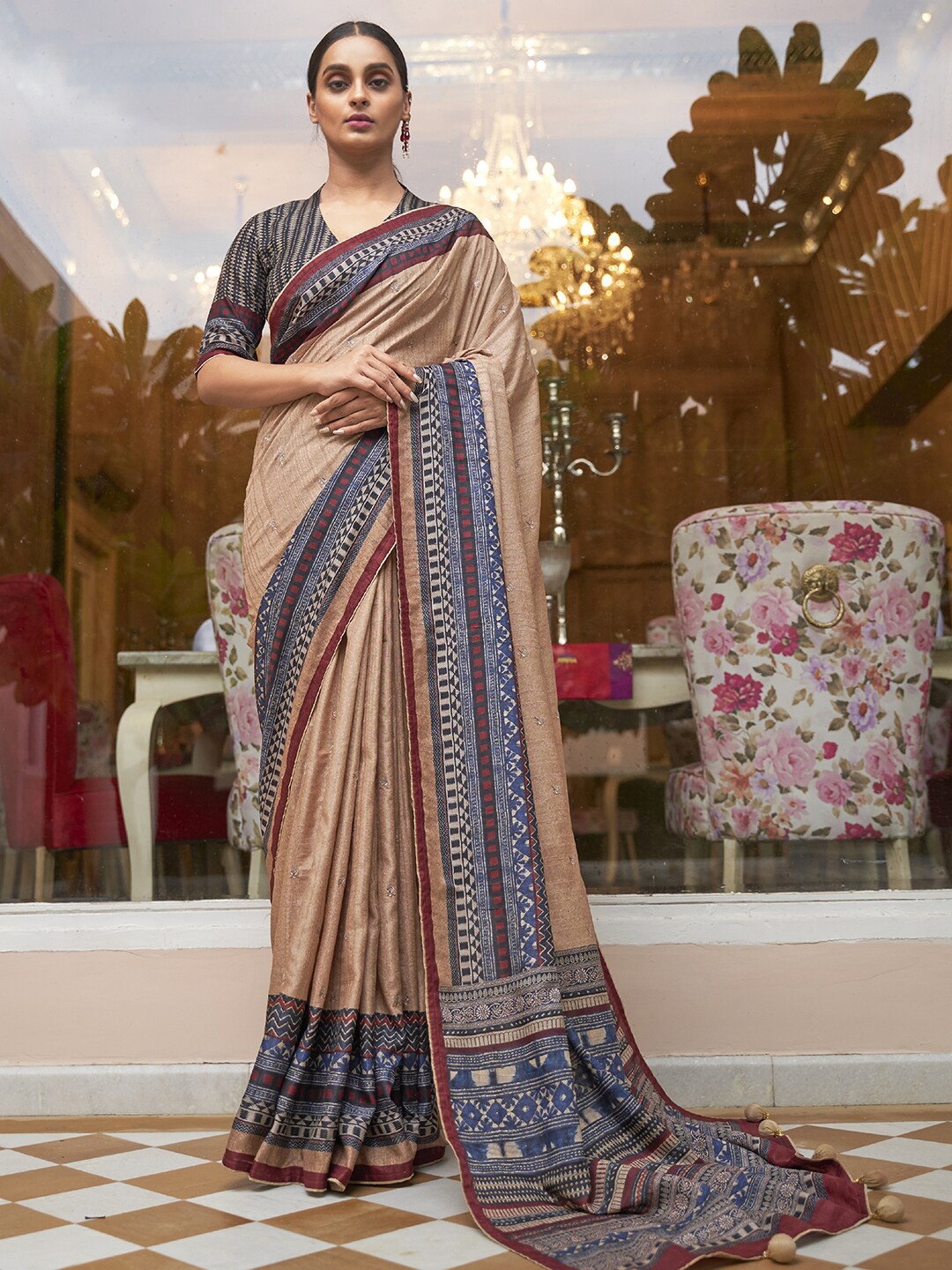 Anouk Floral Embroidered Silk Blend Saree, Cream